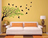 Tree, green leaves, birds  , Doves silhouette